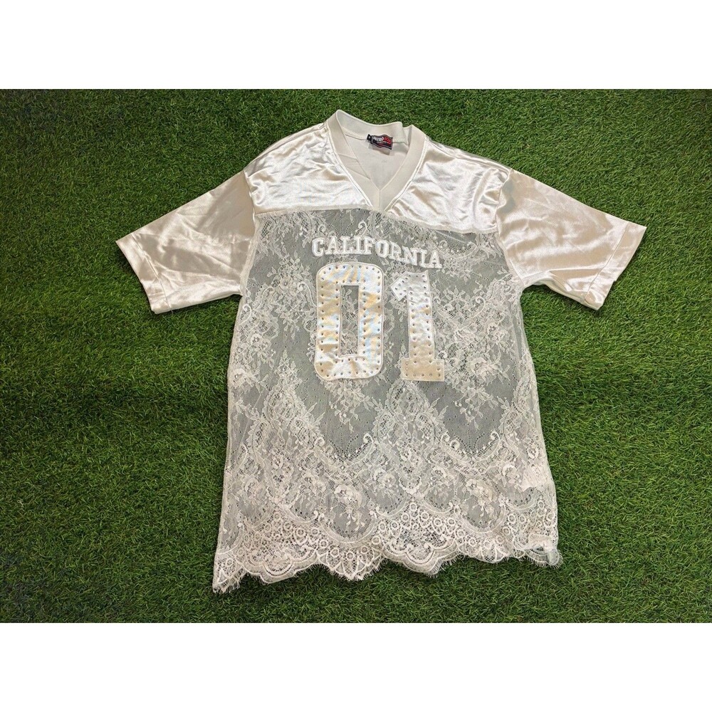 California 01 Lace Jersey Satin Sleeve Top Women’s Small Y2K Retro White
